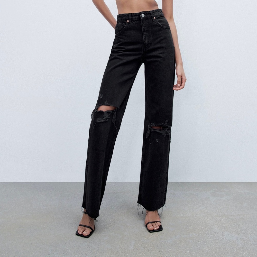Zara Hi Rise Wide Leg Black Ripped Jeans